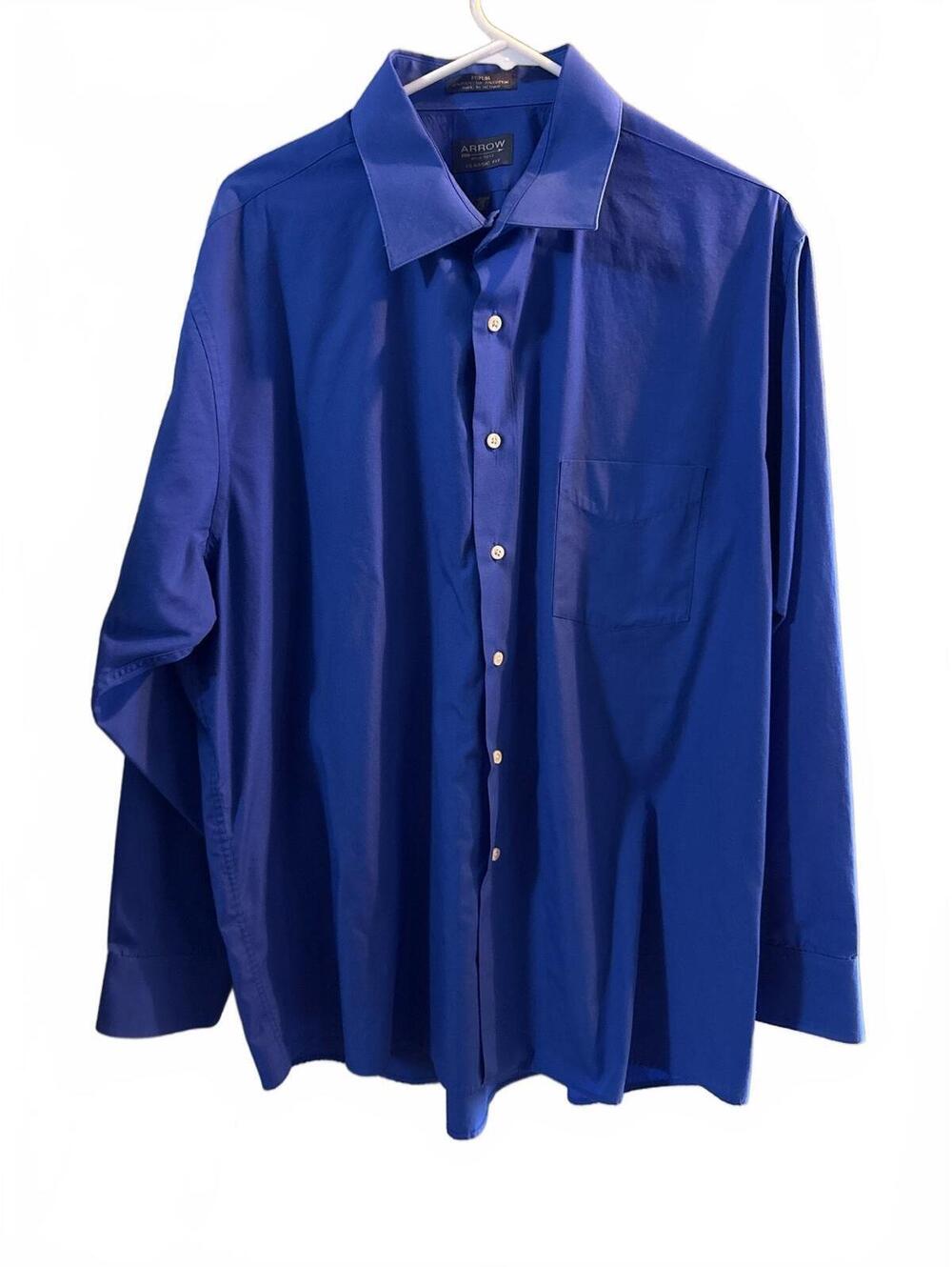 Arrow Men Dress Shirt 17.5 34/35 Blue Poplin Classic Wrinkle Free Long Sleeve